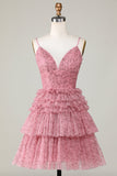 Cute A Line Spaghetti Straps Blush Graduation Dress with Ruffles