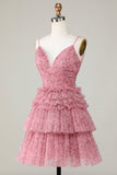 Cute A Line Spaghetti Straps Blush Graduation Dress with Ruffles