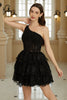 Load image into Gallery viewer, Stylish A Line One Shoulder Black Short Homecoming Dress with Appliques