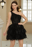 Stylish A Line One Shoulder Black Short Homecoming Dress with Appliques