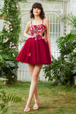 Burgundy A Line Spaghetti Straps Graduation Dress With 3D Flowers