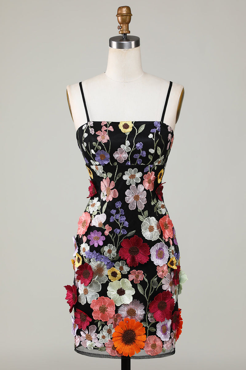 Load image into Gallery viewer, Bodycon Spaghetti Straps Black Graduation Dress with 3D Flowers