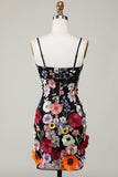 Bodycon Spaghetti Straps Black Graduation Dress with 3D Flowers