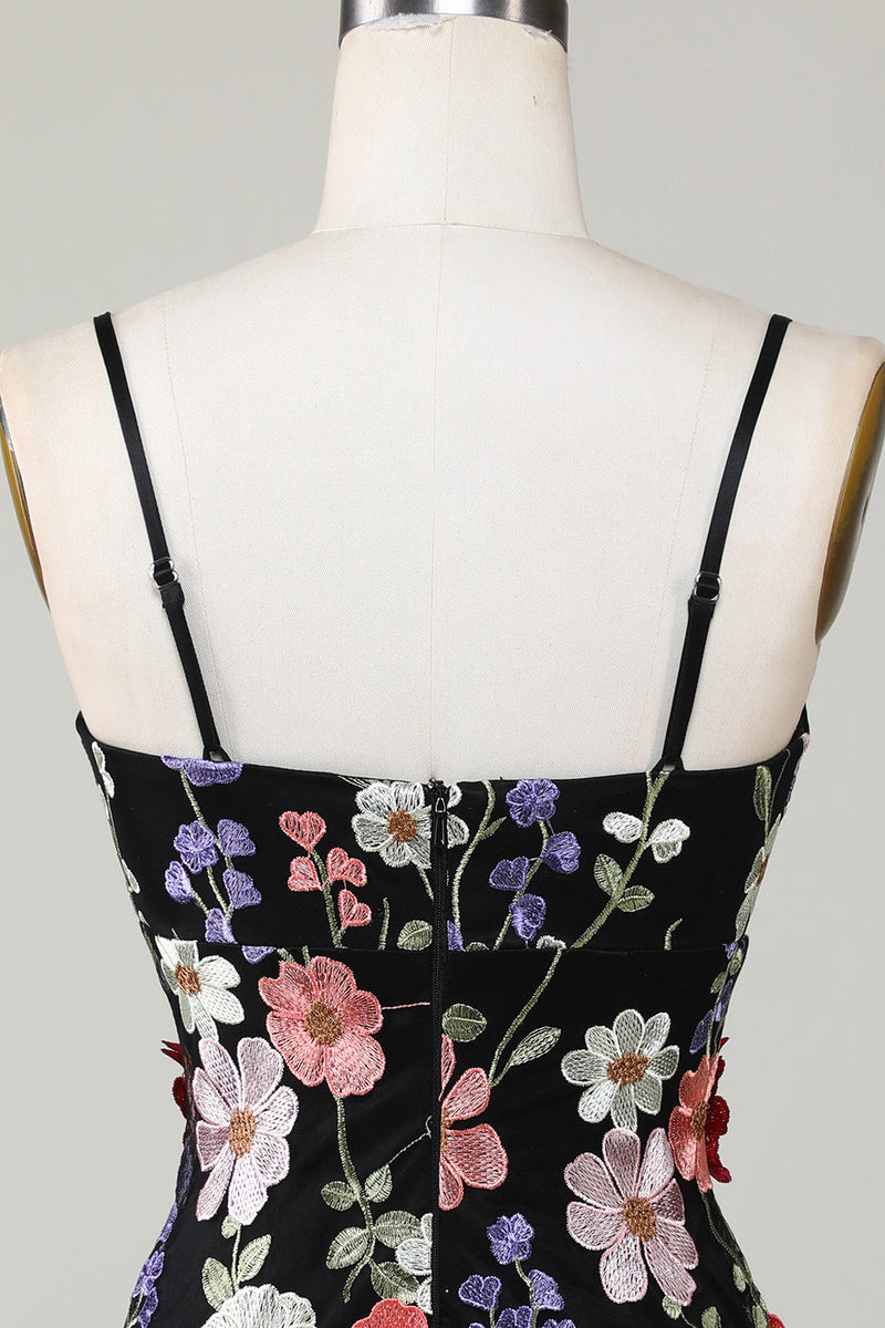 Load image into Gallery viewer, Bodycon Spaghetti Straps Black Graduation Dress with 3D Flowers