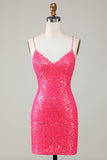 Sparkly Fuchsia Beaded Tight Short Graduation Dress