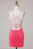 Sparkly Fuchsia Beaded Tight Short Graduation Dress