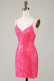 Sparkly Fuchsia Beaded Tight Short Graduation Dress