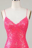 Sparkly Fuchsia Beaded Tight Short Graduation Dress