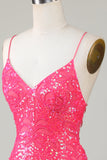 Sparkly Fuchsia Beaded Tight Short Graduation Dress