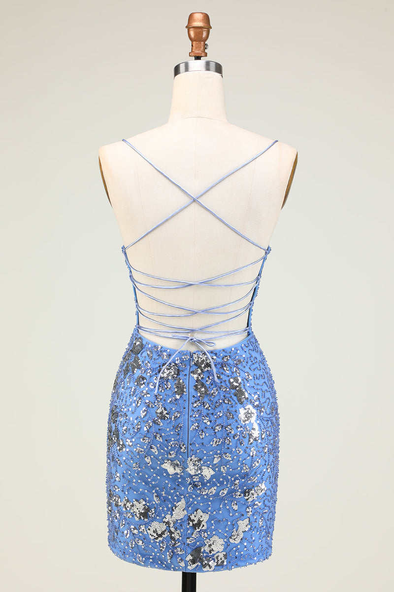Load image into Gallery viewer, Sparkly Sheath Spaghetti Straps Grey Blue Sequins Short Homecoming Dress with Criss Cross Back