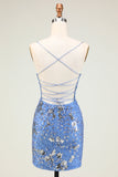 Sparkly Sheath Spaghetti Straps Grey Blue Sequins Short Homecoming Dress with Criss Cross Back