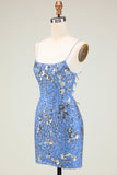 Sparkly Sheath Spaghetti Straps Grey Blue Sequins Short Homecoming Dress with Criss Cross Back