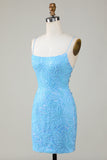 Sparkly Blue Beaded Tight Short Graduation Dress