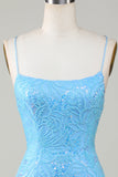 Sparkly Blue Beaded Tight Short Graduation Dress