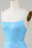 Sparkly Blue Beaded Tight Short Graduation Dress