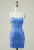 Load image into Gallery viewer, Spaghetti Straps Blue Tight Glitter Homecoming Dress with Beaded