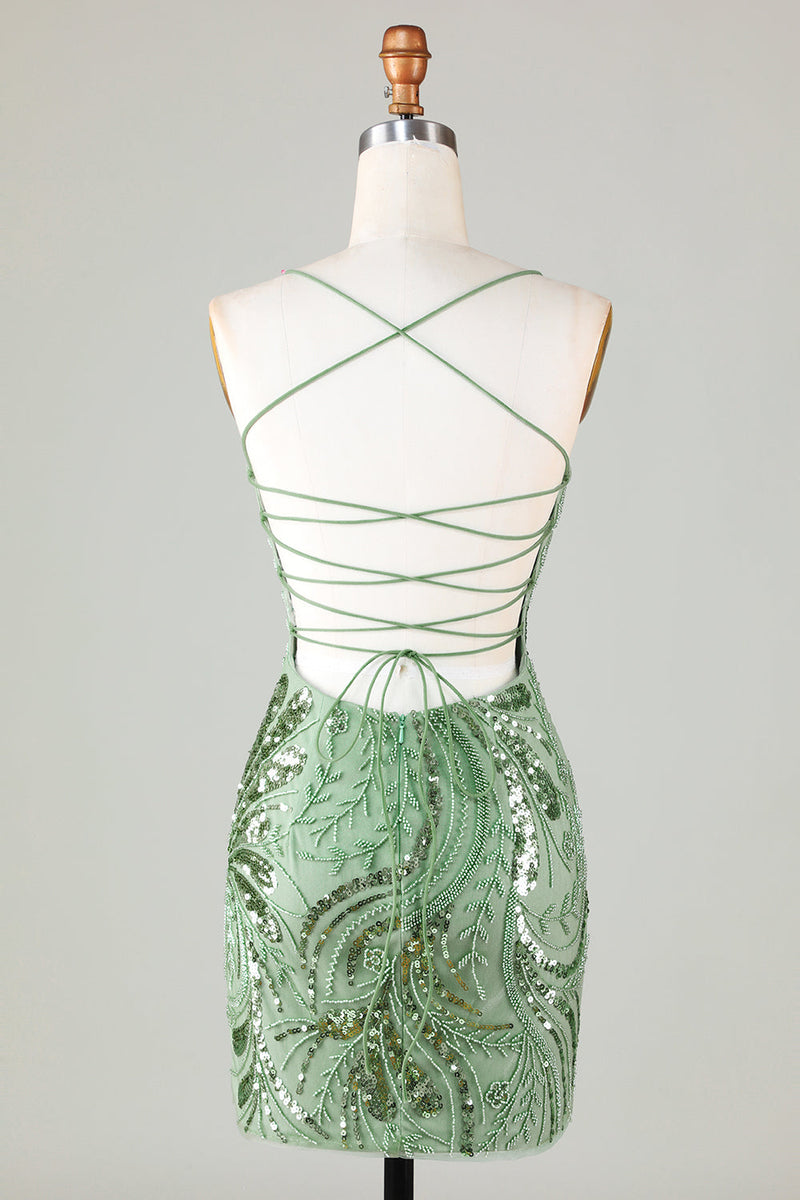 Load image into Gallery viewer, Sparkly Sheath Spaghetti Straps Green Short Homecoming Dress with Criss Cross Back