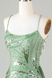 Sparkly Sheath Spaghetti Straps Green Short Homecoming Dress with Criss Cross Back