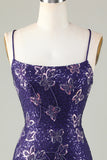 Sparkly Sheath Spaghetti Straps Dark Purple Short Homecoming Dress with Criss Cross Back