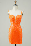 Glitter Orange Tight Homecoming Dress with Beaded