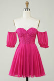 Fuchsia Corset A-Line Chiffon Short Graduation Dress with Lace