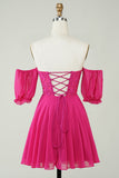 Fuchsia Corset A-Line Chiffon Short Graduation Dress with Lace