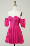 Fuchsia Corset A-Line Chiffon Short Graduation Dress with Lace