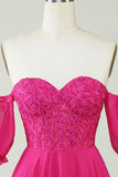 Fuchsia Corset A-Line Chiffon Short Graduation Dress with Lace