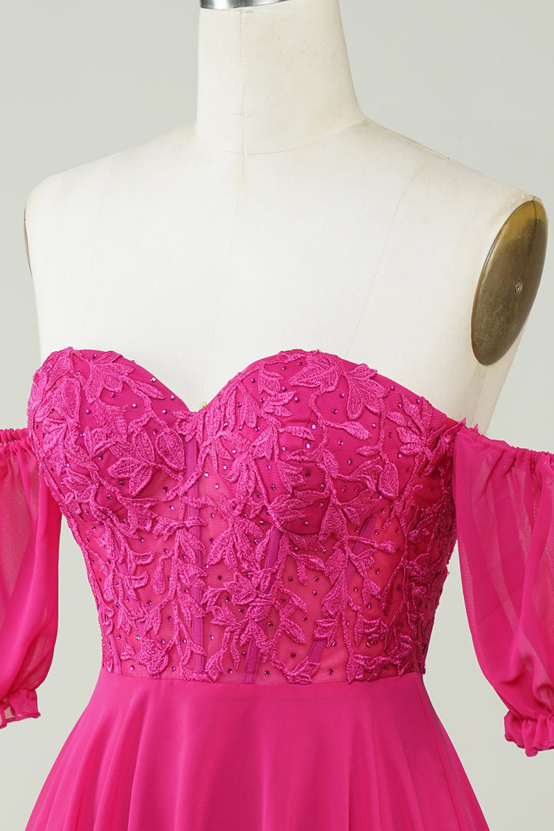 Load image into Gallery viewer, Fuchsia Corset A-Line Chiffon Short Graduation Dress with Lace