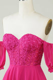 Fuchsia Corset A-Line Chiffon Short Graduation Dress with Lace