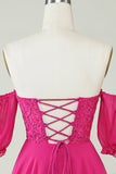 Fuchsia Corset A-Line Chiffon Short Graduation Dress with Lace