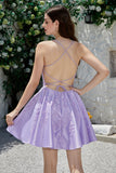 Cute A Line Spaghetti Straps Purple Corset Homecoming Dress with Criss Cross Back