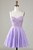 Purple Corset A-Line Satin Short Graduation Dress with Lace