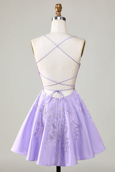 Purple Corset A-Line Satin Short Graduation Dress with Lace