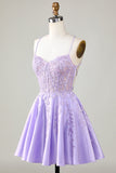 Purple Corset A-Line Satin Short Graduation Dress with Lace