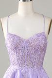 Purple Corset A-Line Satin Short Graduation Dress with Lace