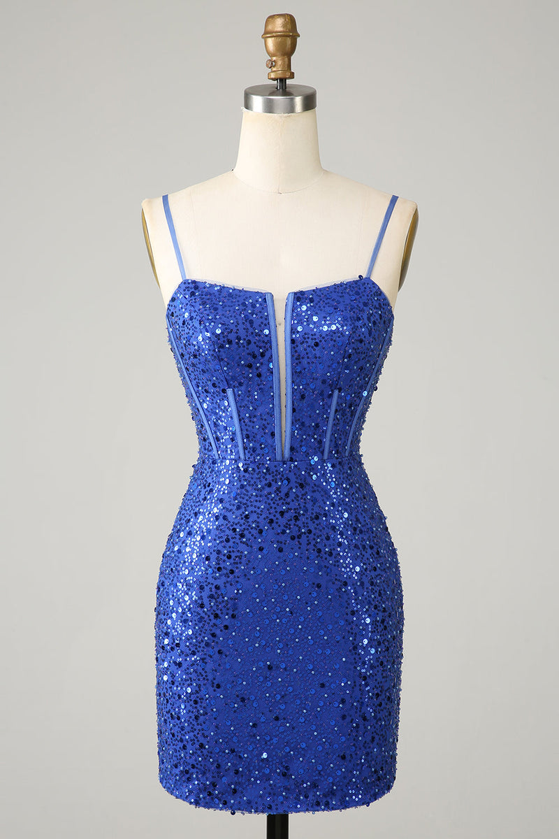 Load image into Gallery viewer, Royal Blue Bodycon Sparkly Spaghetti Straps Homecoming Dress