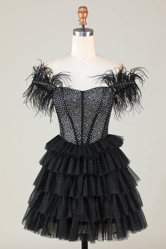 Sparkly Beaded Corset A-Line Black Short Homecoming Dress with Feathers