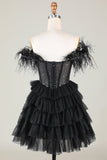 Sparkly Beaded Corset A-Line Black Short Homecoming Dress with Feathers