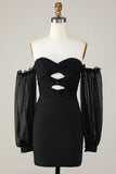 Off The Shoulder Keyhole Black Graduation Dress with Beading