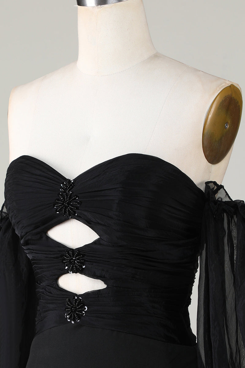 Load image into Gallery viewer, Off The Shoulder Keyhole Black Graduation Dress with Beading