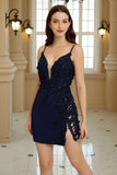 Sheath Spaghetti Straps Corset Navy Homecoming Dress with Lace