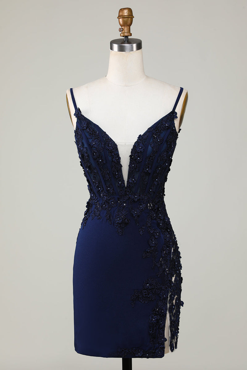 Load image into Gallery viewer, Sparkly Navy Corset Tight Short Graduation Dress with Lace