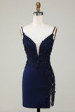 Sparkly Navy Corset Tight Short Graduation Dress with Lace