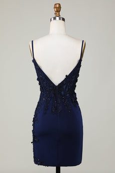 Sparkly Navy Corset Tight Short Graduation Dress with Lace
