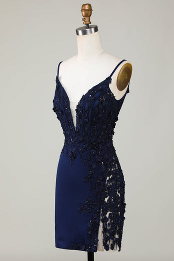 Sparkly Navy Corset Tight Short Graduation Dress with Lace
