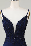 Sparkly Navy Corset Tight Short Graduation Dress with Lace