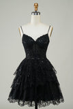 Gorgeous A Line Spaghetti Straps Black Sparkly Corset Homecoming Dress