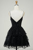 Load image into Gallery viewer, Gorgeous A Line Spaghetti Straps Black Sparkly Corset Homecoming Dress