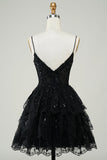 Gorgeous A Line Spaghetti Straps Black Sparkly Corset Homecoming Dress